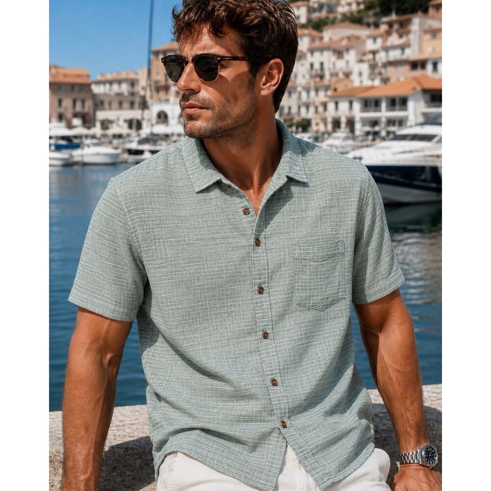 J Crew Mens XL Short Sleeve Slub Dobby Shirt Sage Green Woven Button Up Resort